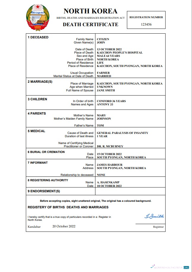 Download North Korea vital record death certificate Word and PDF template Photoshop template